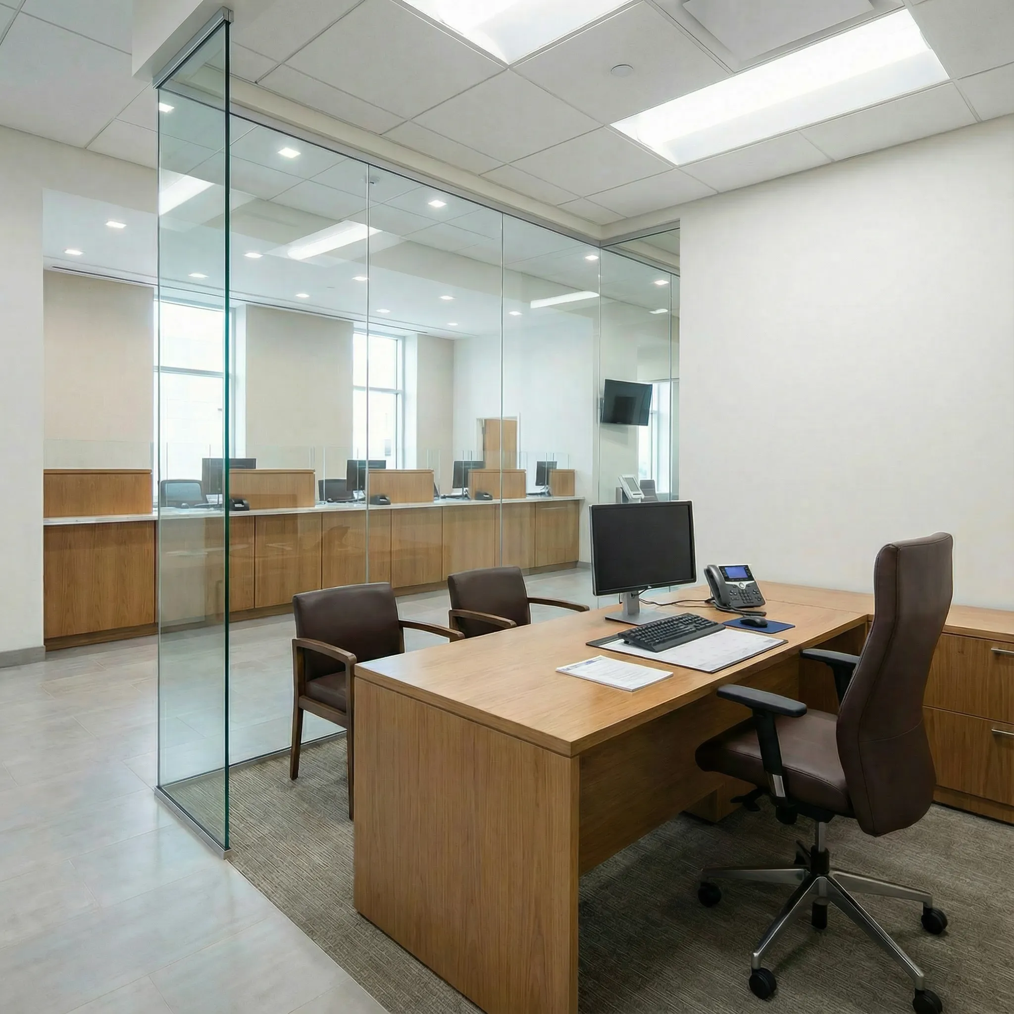 Privatna kancelarija bankarskog savetnika sa radnim stolom i stolicama za klijente