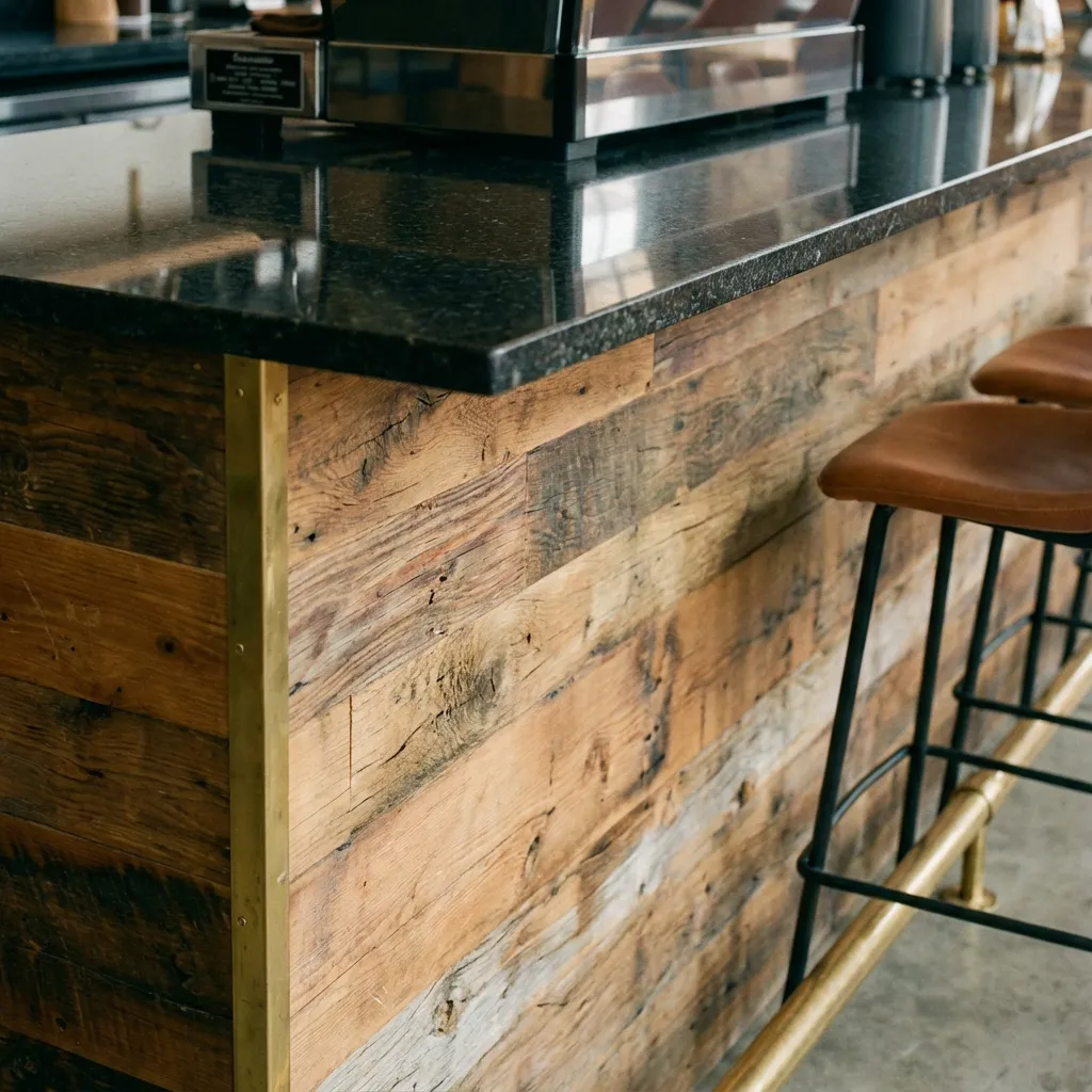 Detalj šanka od recikliranog drveta sa crnim granitom i mesinganom trakom za nogu