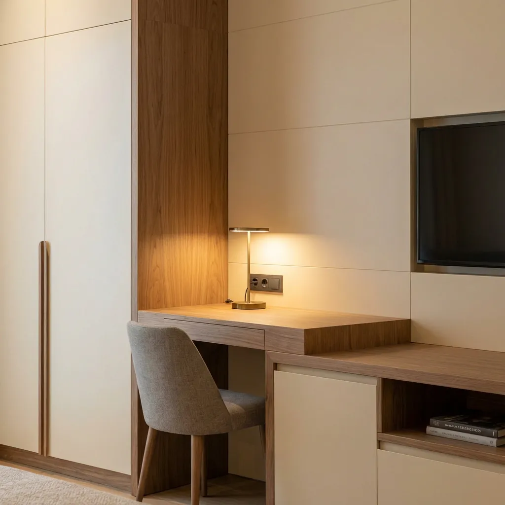 Radni kutak hotelske sobe sa stolom od hrasta, HPL ormarima i TV zonom