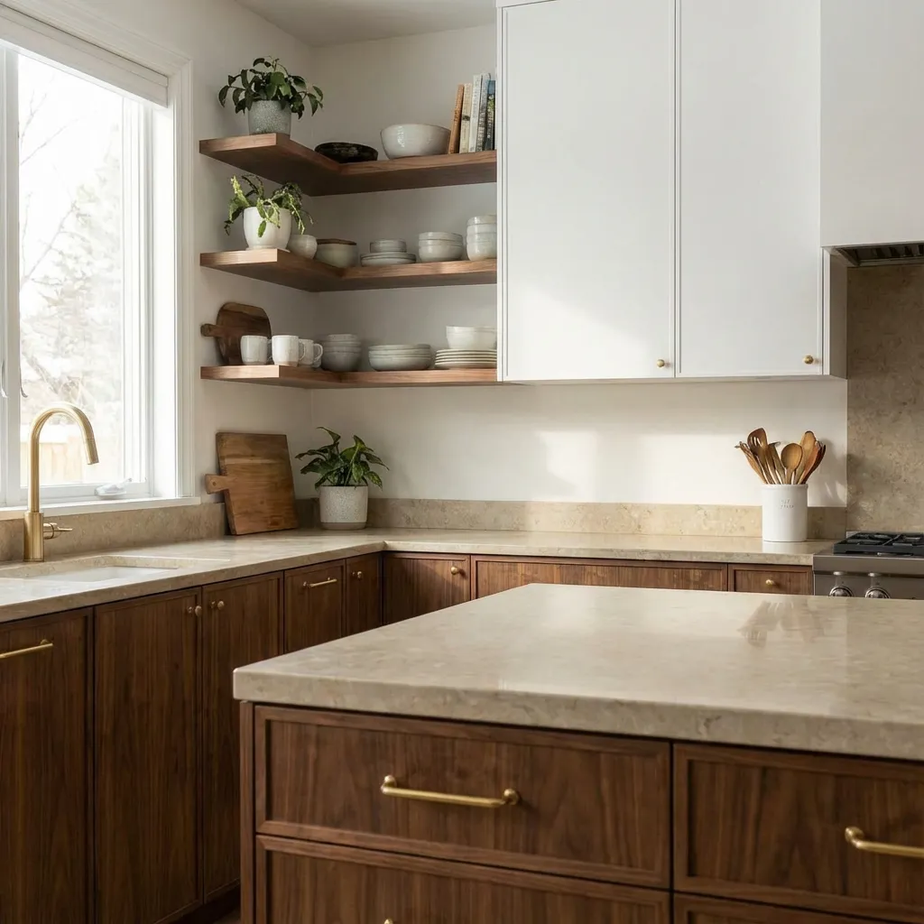 Kuhinja u skandinavskom stilu sa orah donjim elementima, belim gornjim i otvorenim policama