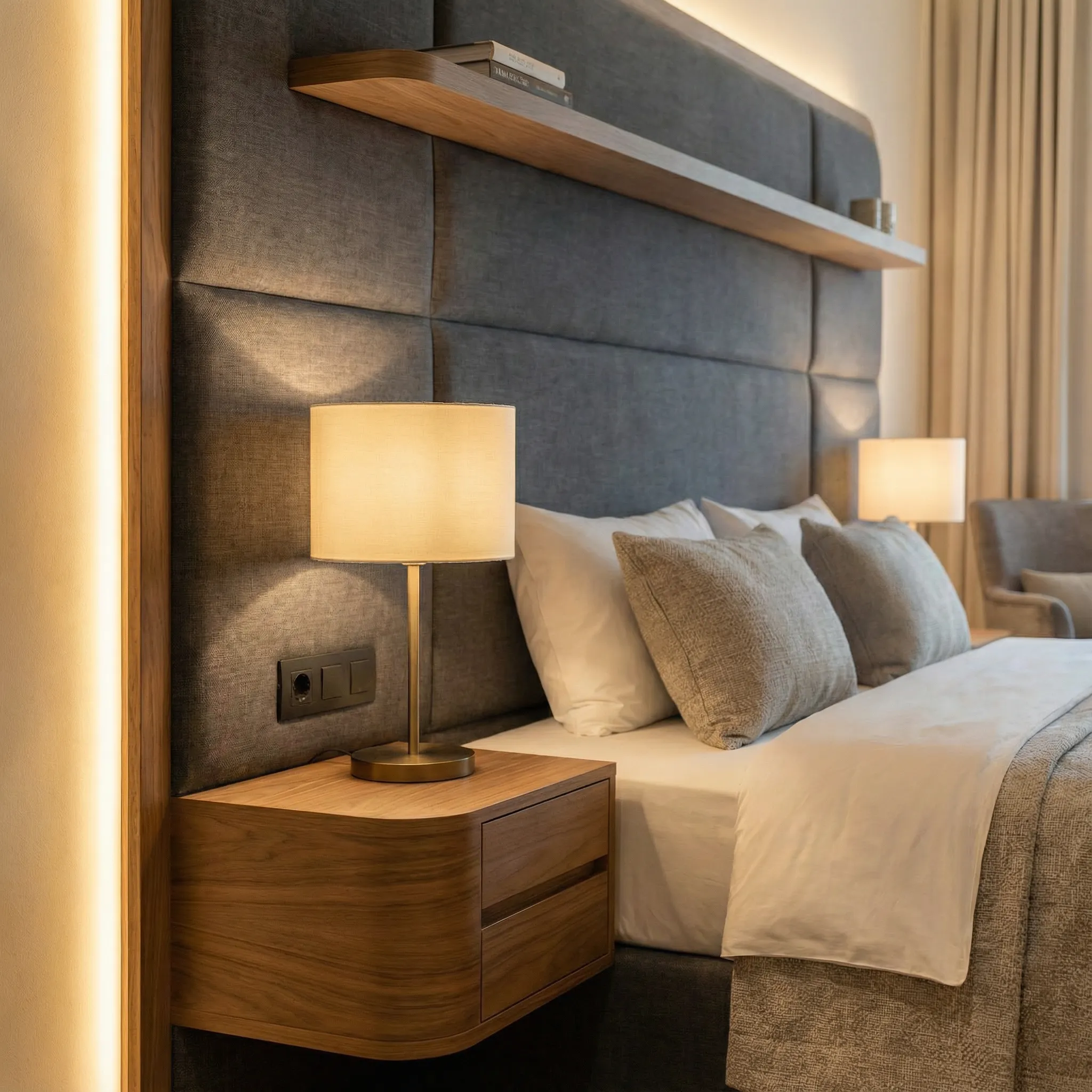 Detalj tapaciranog uzglavlja sa lebdećim noćnim ormarićem i USB punjačem