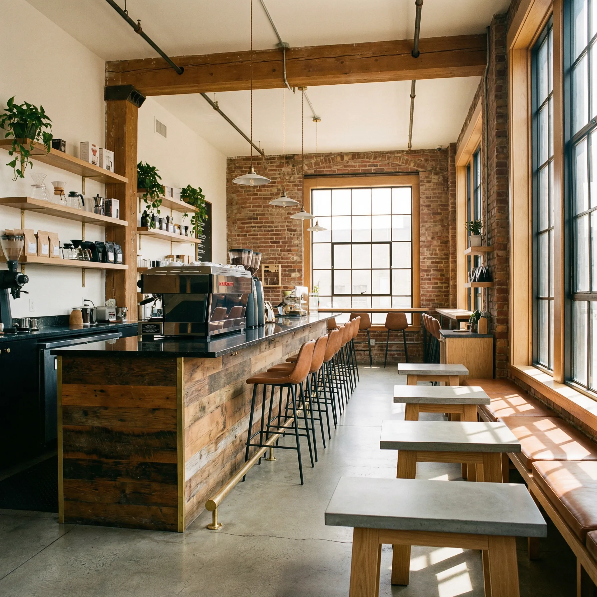 Industrijski kafić sa ciglenim zidom, drvenim gredama, šankom i barskim stolicama