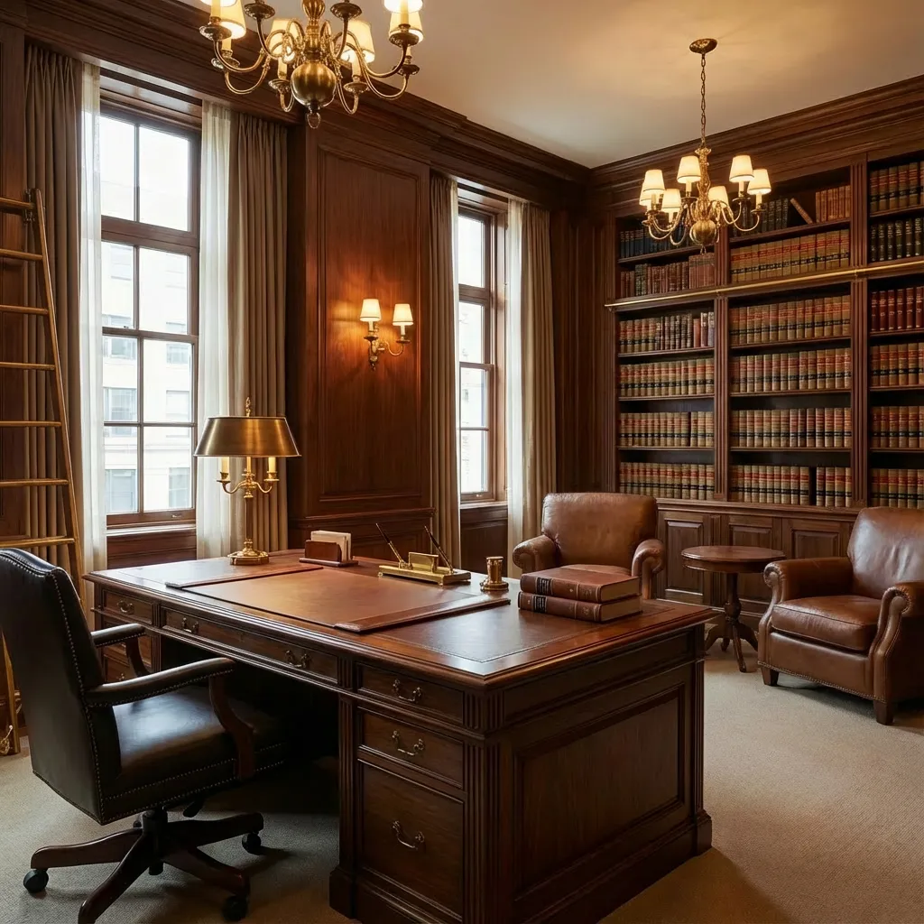 Klasična advokatska kancelarija sa direktorskim stolom, bibliotekom i kožnim foteljama